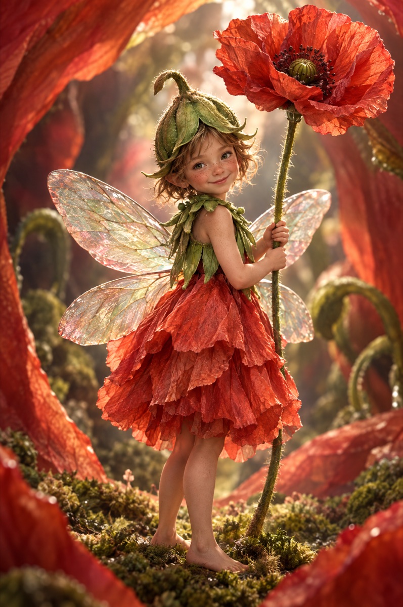 A 3D fairy with red poppy petals and translucent wings
